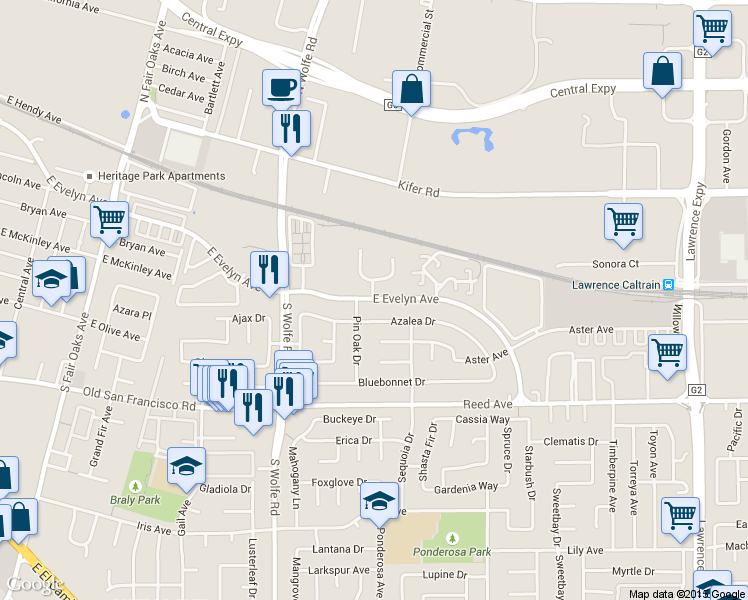 map of restaurants, bars, coffee shops, grocery stores, and more near 240 Red Oak Drive West in Sunnyvale