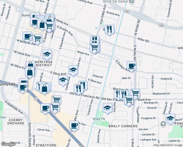 map of restaurants, bars, coffee shops, grocery stores, and more near 428 South Fair Oaks Avenue in Sunnyvale