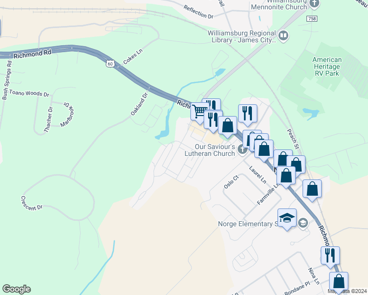 map of restaurants, bars, coffee shops, grocery stores, and more near 4006 Luminary Drive in Williamsburg