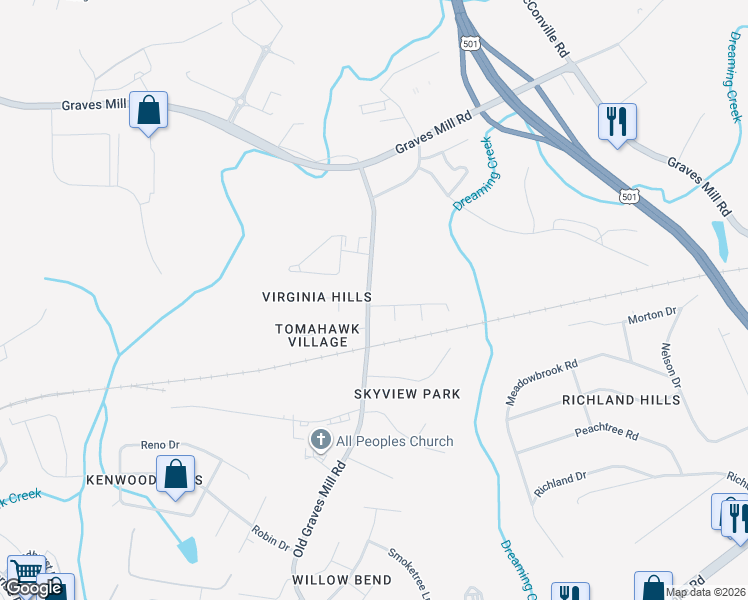 map of restaurants, bars, coffee shops, grocery stores, and more near 1104 Old Graves Mill Road in Lynchburg