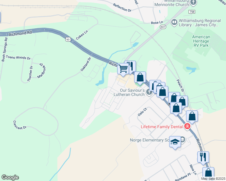 map of restaurants, bars, coffee shops, grocery stores, and more near 4006 Luminary Drive in Williamsburg