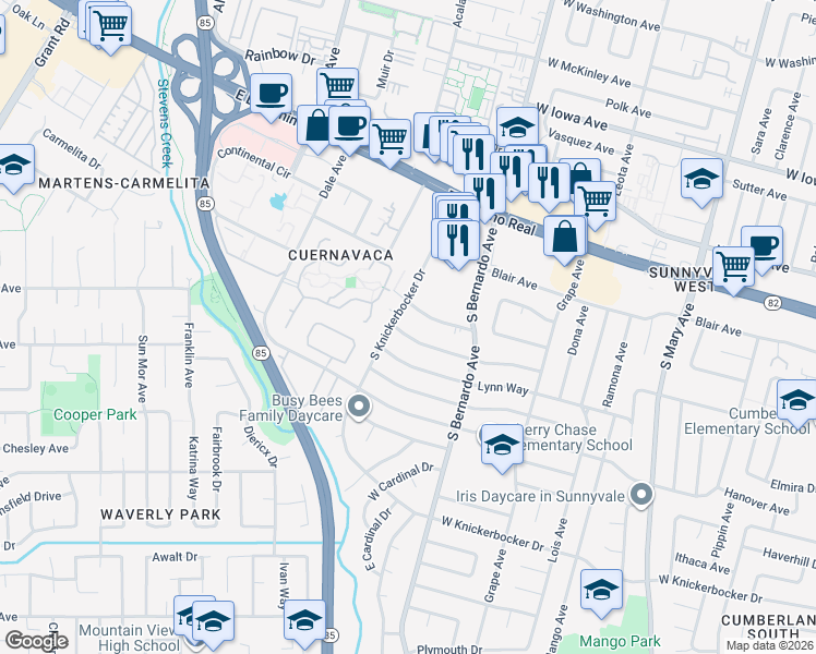 map of restaurants, bars, coffee shops, grocery stores, and more near 1285 Parkington Avenue in Sunnyvale
