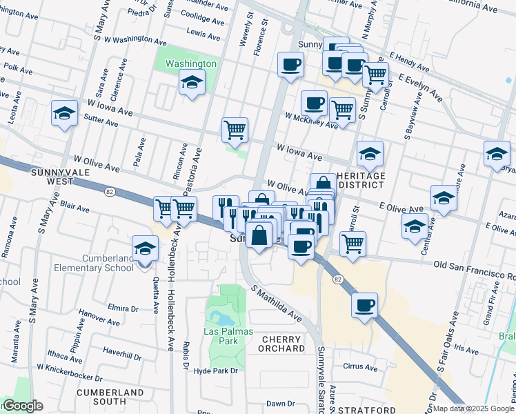 map of restaurants, bars, coffee shops, grocery stores, and more near 364 West Olive Avenue in Sunnyvale