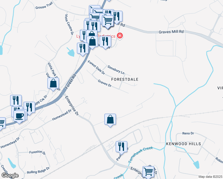 map of restaurants, bars, coffee shops, grocery stores, and more near 216 Graves Drive in Lynchburg