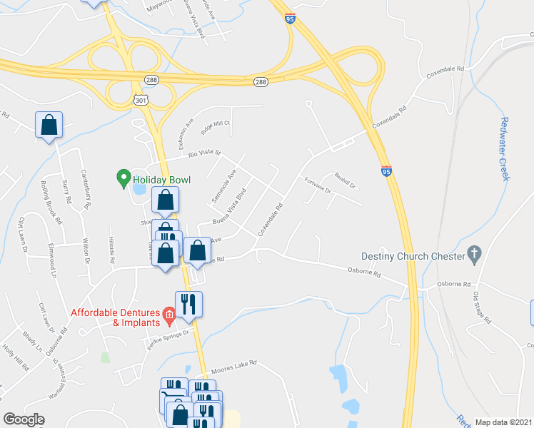 map of restaurants, bars, coffee shops, grocery stores, and more near 2332 Coxendale Road in Chester