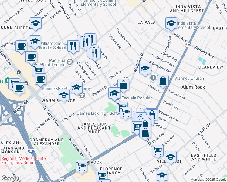 map of restaurants, bars, coffee shops, grocery stores, and more near 149 North White Road in San Jose