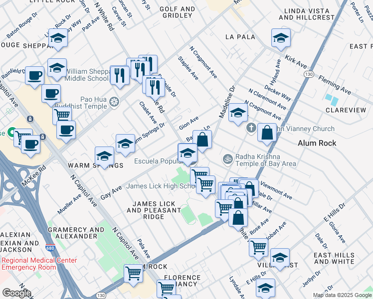 map of restaurants, bars, coffee shops, grocery stores, and more near 149 North White Road in San Jose