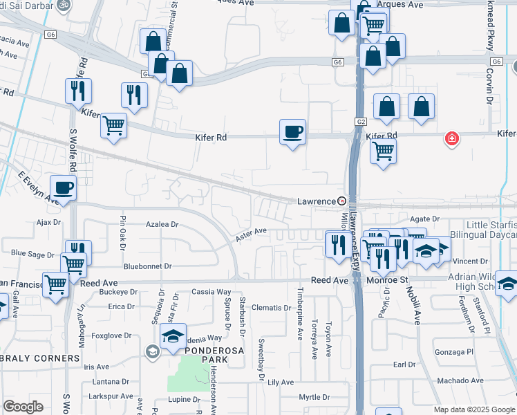 map of restaurants, bars, coffee shops, grocery stores, and more near 301 Stone Pine Terrace in Sunnyvale