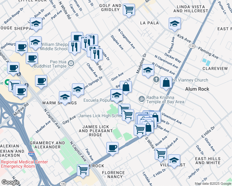 map of restaurants, bars, coffee shops, grocery stores, and more near 3120 Barletta Lane in San Jose