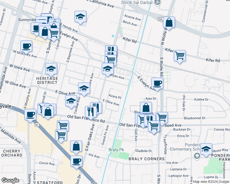 map of restaurants, bars, coffee shops, grocery stores, and more near 631 Arbutus Avenue in Sunnyvale