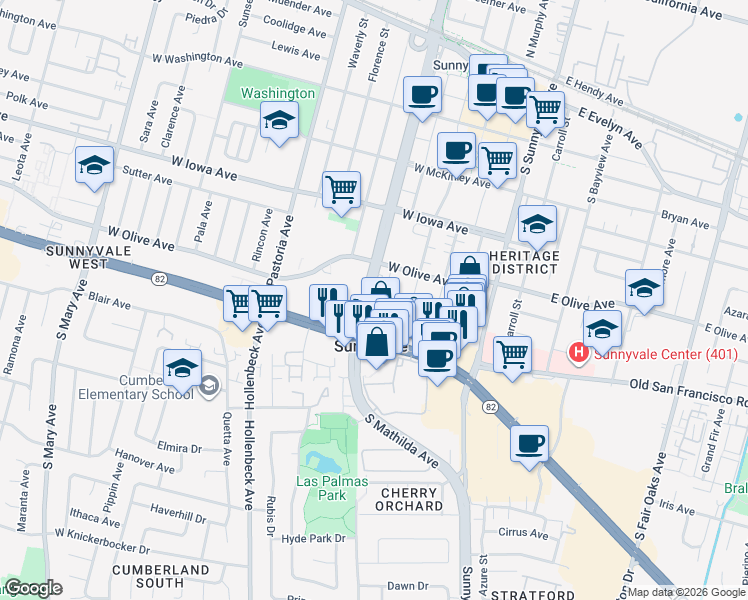 map of restaurants, bars, coffee shops, grocery stores, and more near 364 West Olive Avenue in Sunnyvale
