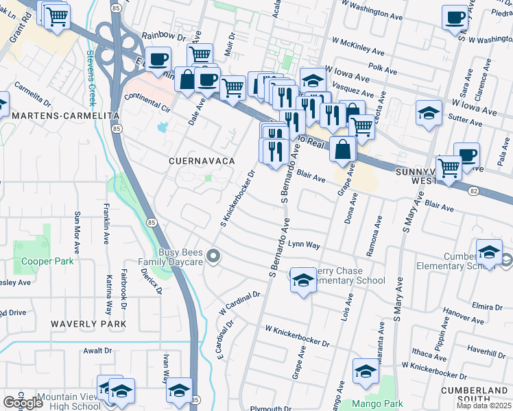 map of restaurants, bars, coffee shops, grocery stores, and more near 1280 Brookfield Avenue in Sunnyvale