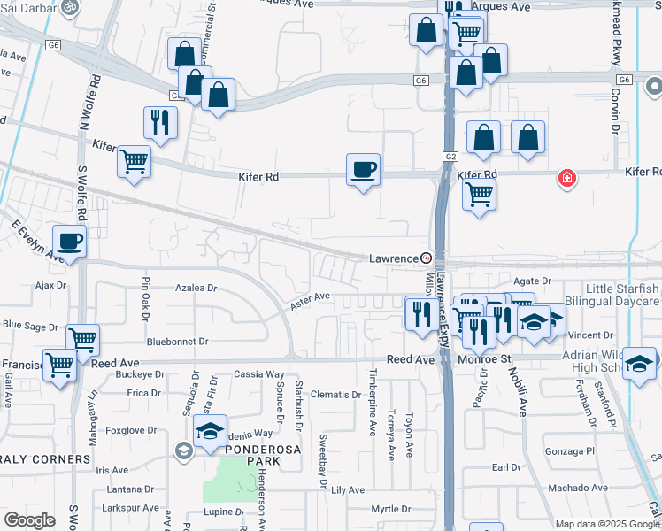 map of restaurants, bars, coffee shops, grocery stores, and more near 1102 Althea Terrace in Sunnyvale