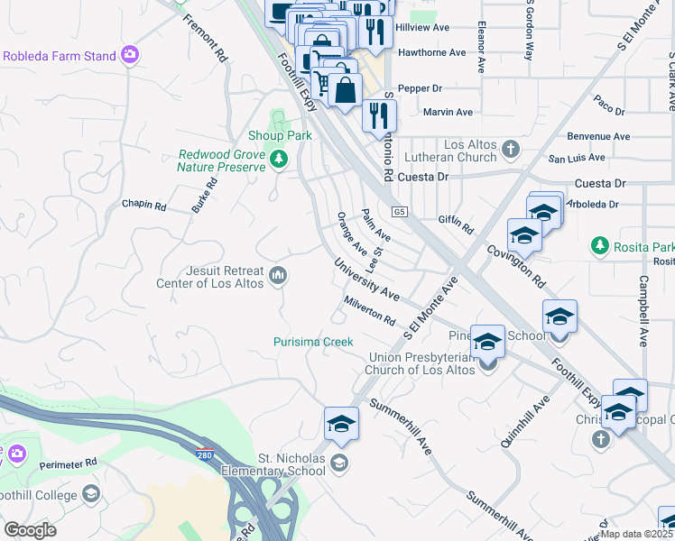 map of restaurants, bars, coffee shops, grocery stores, and more near 706 University Avenue in Los Altos