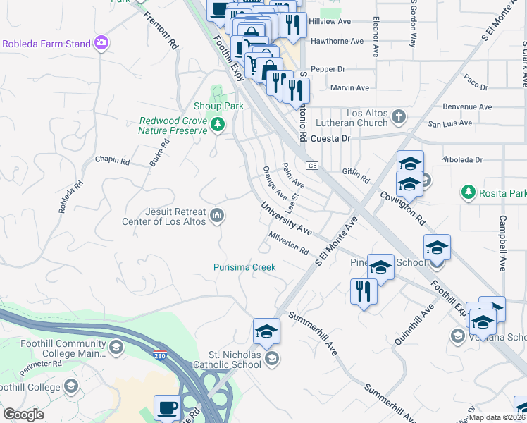 map of restaurants, bars, coffee shops, grocery stores, and more near 706 University Avenue in Los Altos