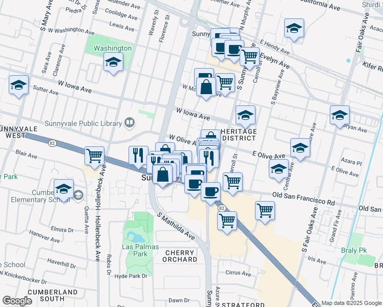 map of restaurants, bars, coffee shops, grocery stores, and more near 531 South Frances Street in Sunnyvale