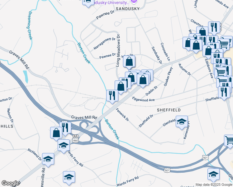 map of restaurants, bars, coffee shops, grocery stores, and more near 1215 Long Meadows Drive in Lynchburg