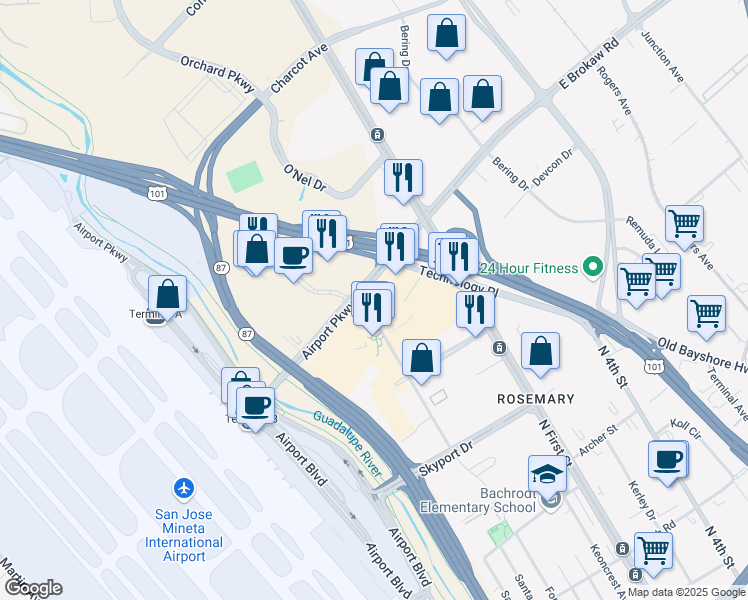 map of restaurants, bars, coffee shops, grocery stores, and more near 1887 Matrix Boulevard in San Jose