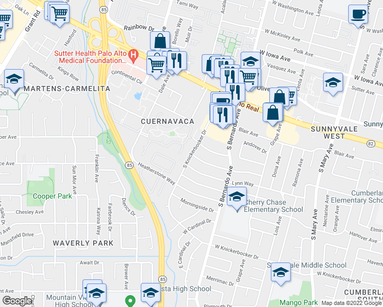 map of restaurants, bars, coffee shops, grocery stores, and more near South Knickerbocker Drive & Parkington Avenue in Sunnyvale
