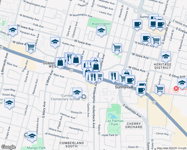 map of restaurants, bars, coffee shops, grocery stores, and more near 505 South Pastoria Avenue in Sunnyvale