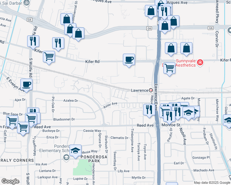 map of restaurants, bars, coffee shops, grocery stores, and more near in Sunnyvale