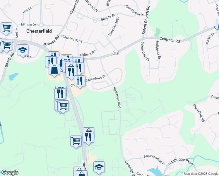 map of restaurants, bars, coffee shops, grocery stores, and more near 6300 Eagles Crest Lane in Chesterfield