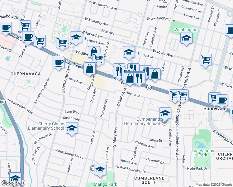 map of restaurants, bars, coffee shops, grocery stores, and more near 1018 Blair Avenue in Sunnyvale