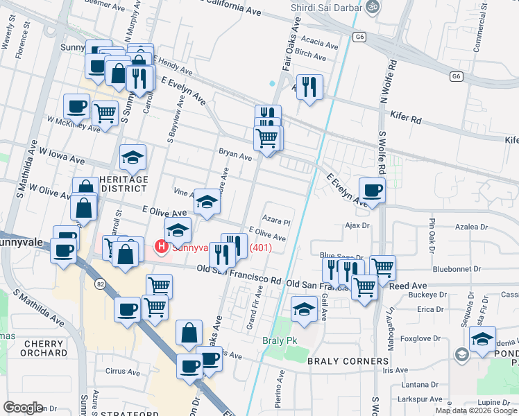 map of restaurants, bars, coffee shops, grocery stores, and more near 445 Firloch Avenue in Sunnyvale