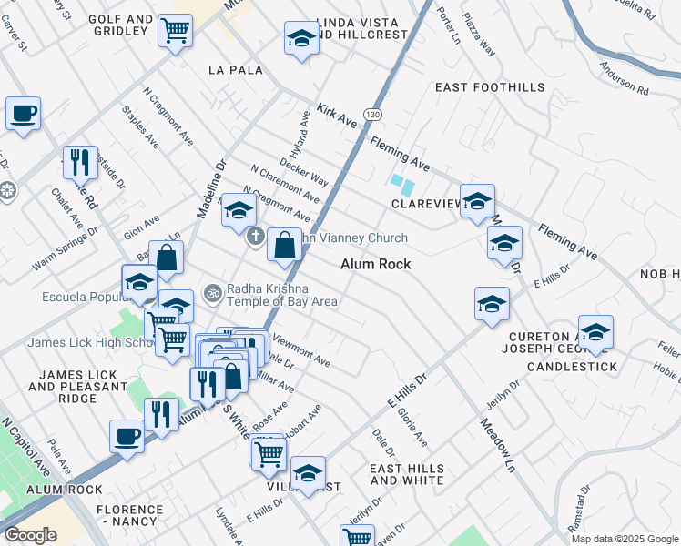 map of restaurants, bars, coffee shops, grocery stores, and more near 77 Sunnyslope Avenue in San Jose