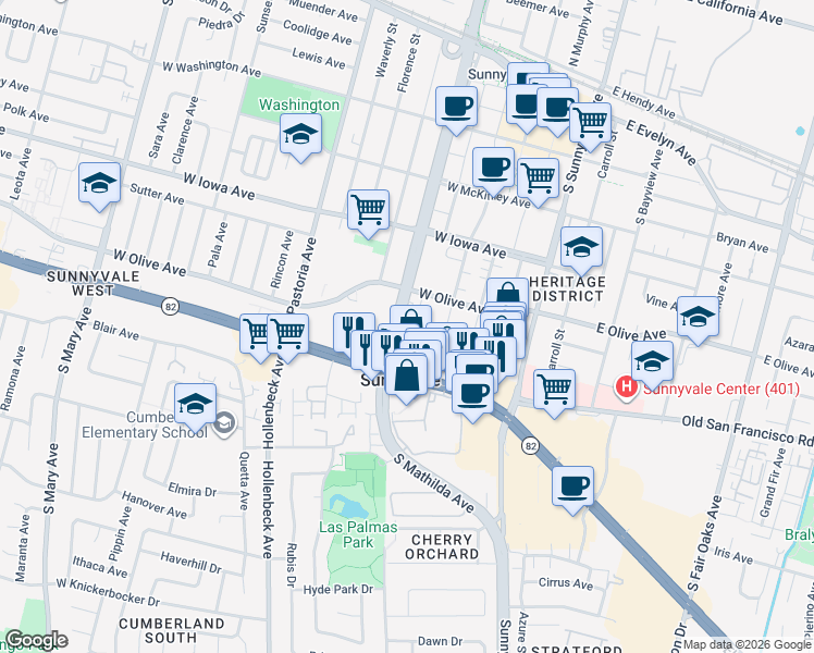map of restaurants, bars, coffee shops, grocery stores, and more near 364 West Olive Avenue in Sunnyvale