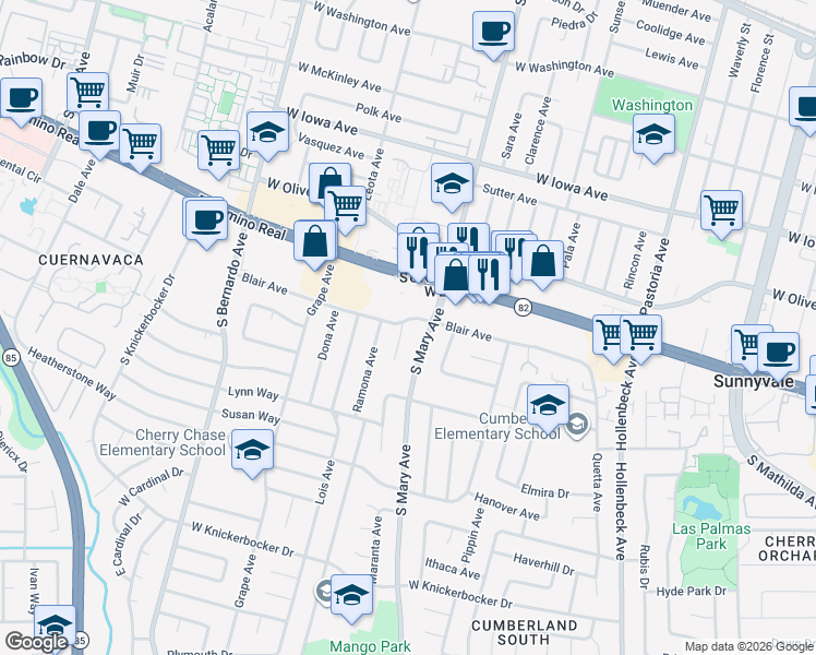 map of restaurants, bars, coffee shops, grocery stores, and more near 1047 Blair Avenue in Sunnyvale