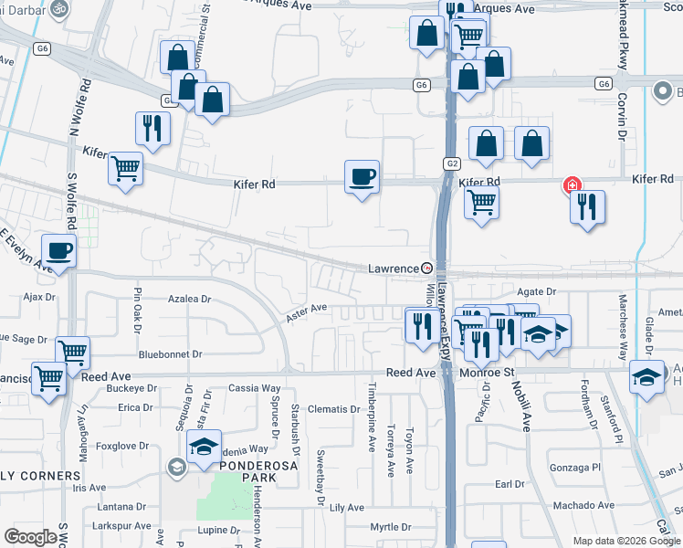 map of restaurants, bars, coffee shops, grocery stores, and more near 1195 Willow Avenue in Sunnyvale