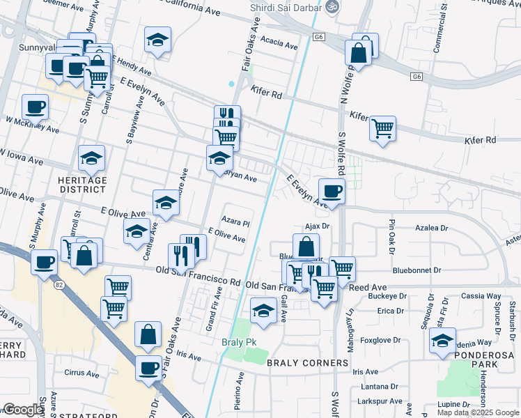 map of restaurants, bars, coffee shops, grocery stores, and more near 686 East McKinley Avenue in Sunnyvale