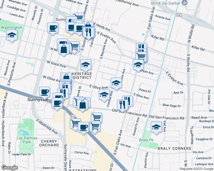map of restaurants, bars, coffee shops, grocery stores, and more near 450 Vine Avenue in Sunnyvale