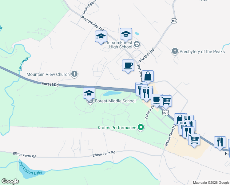 map of restaurants, bars, coffee shops, grocery stores, and more near 14176-14236 Forest Rd in Forest
