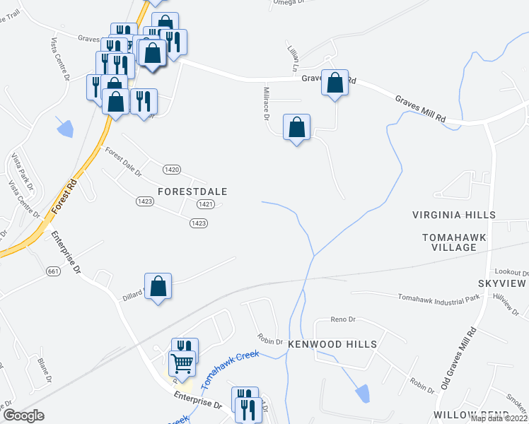 map of restaurants, bars, coffee shops, grocery stores, and more near 313 Forest Dale Drive in Forest