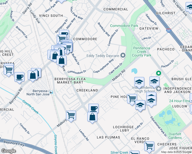map of restaurants, bars, coffee shops, grocery stores, and more near 1769 Cape Horn Drive in San Jose