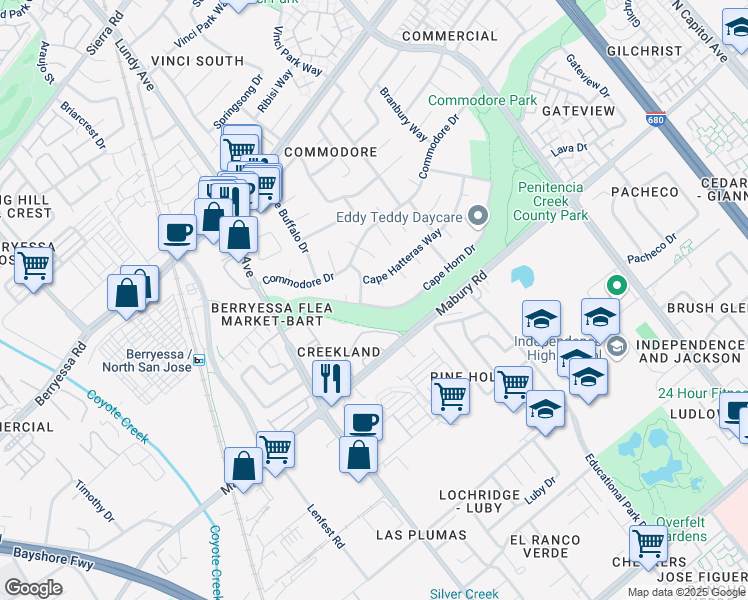 map of restaurants, bars, coffee shops, grocery stores, and more near 1769 Cape Horn Drive in San Jose