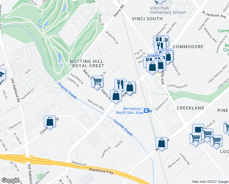 map of restaurants, bars, coffee shops, grocery stores, and more near 1011 Bellante Lane in San Jose