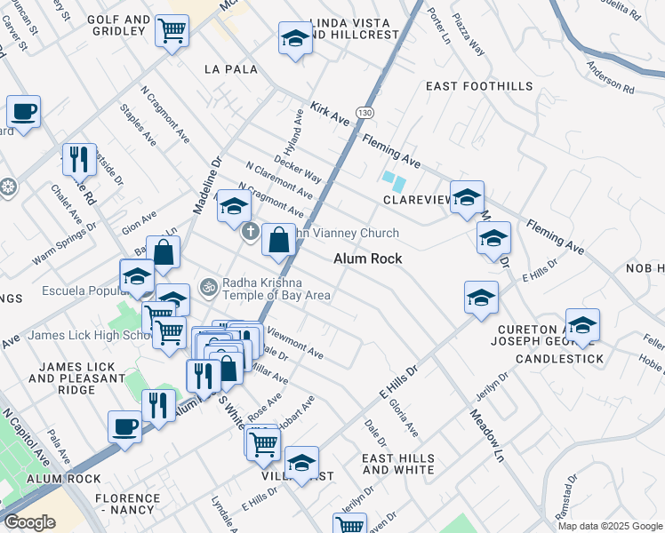 map of restaurants, bars, coffee shops, grocery stores, and more near 77 Sunnyslope Avenue in San Jose