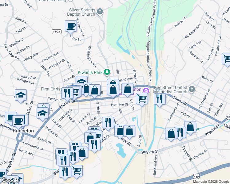 map of restaurants, bars, coffee shops, grocery stores, and more near 406 Straley Avenue in Princeton