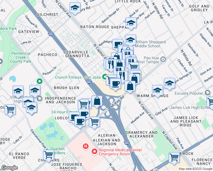 map of restaurants, bars, coffee shops, grocery stores, and more near 375 North Capitol Avenue in San Jose