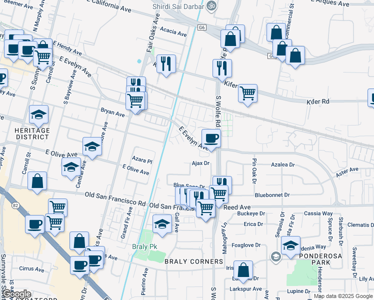 map of restaurants, bars, coffee shops, grocery stores, and more near 732 East Evelyn Avenue in Sunnyvale