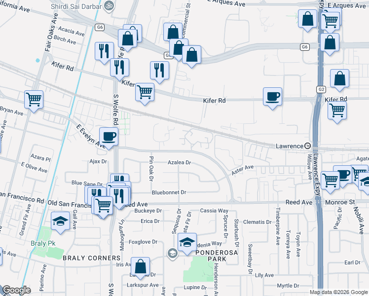 map of restaurants, bars, coffee shops, grocery stores, and more near 999 West Evelyn Avenue in Sunnyvale