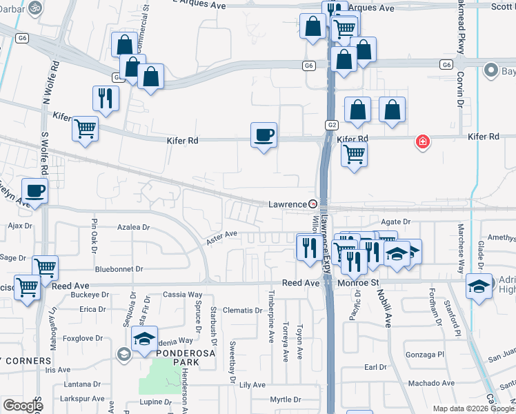 map of restaurants, bars, coffee shops, grocery stores, and more near 1200 Althea Terrace in Sunnyvale