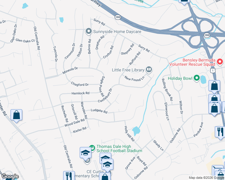 map of restaurants, bars, coffee shops, grocery stores, and more near 3420 Castlebury Drive in Chester