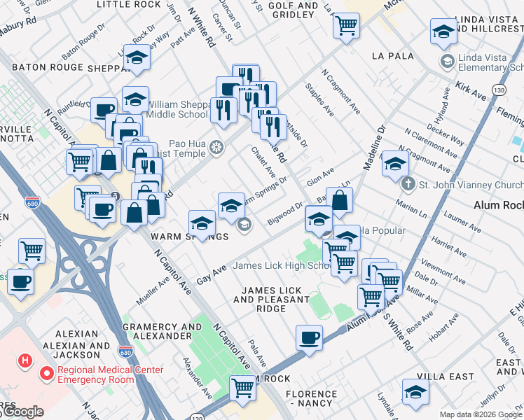 map of restaurants, bars, coffee shops, grocery stores, and more near 2956 Warm Springs Drive in San Jose