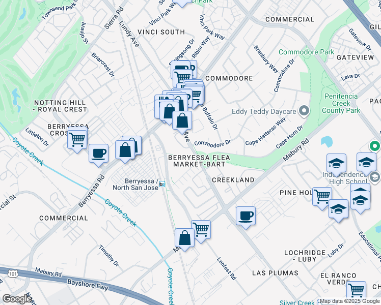 map of restaurants, bars, coffee shops, grocery stores, and more near 1674 Commodore Drive in San Jose