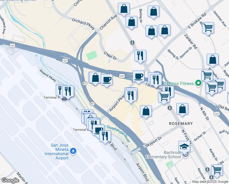 map of restaurants, bars, coffee shops, grocery stores, and more near 2001 Gateway Place in San Jose