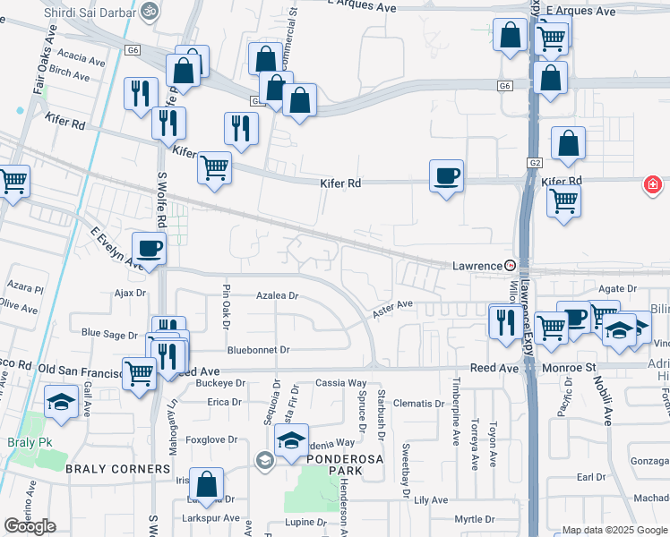 map of restaurants, bars, coffee shops, grocery stores, and more near 1035 Aster Avenue in Sunnyvale